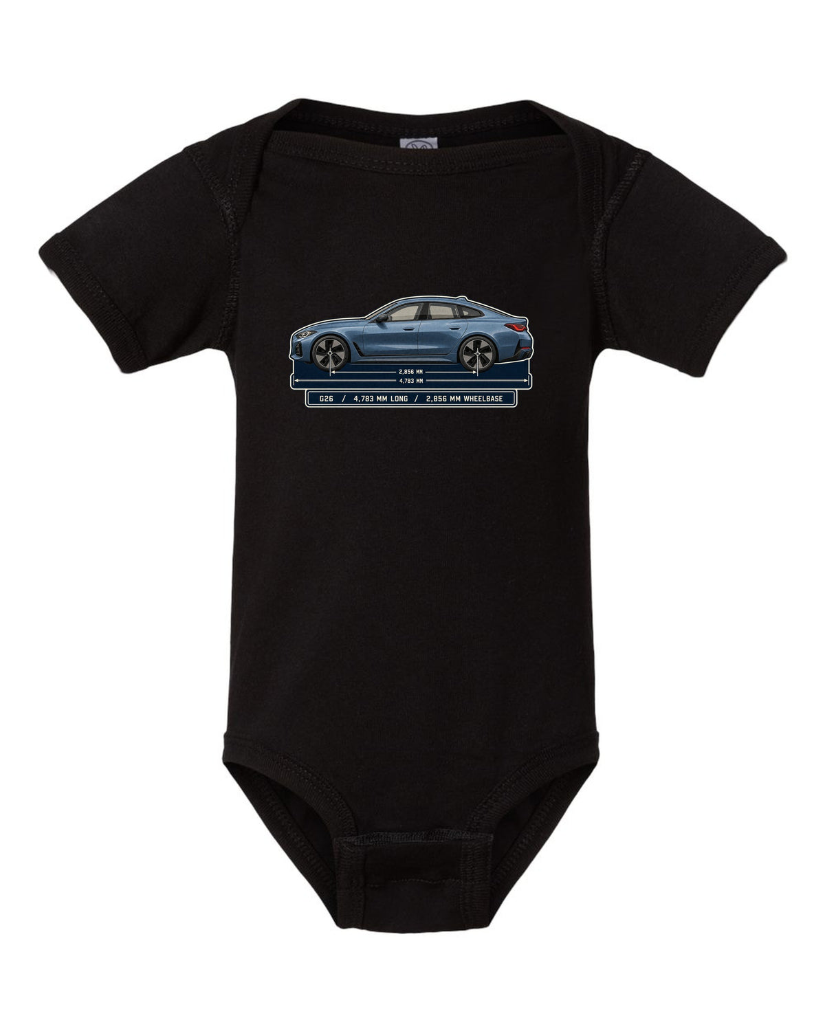 Dimension blueprint print of the BMW i4 M50 G26 Gran Coupe black baby onesie front view with the design