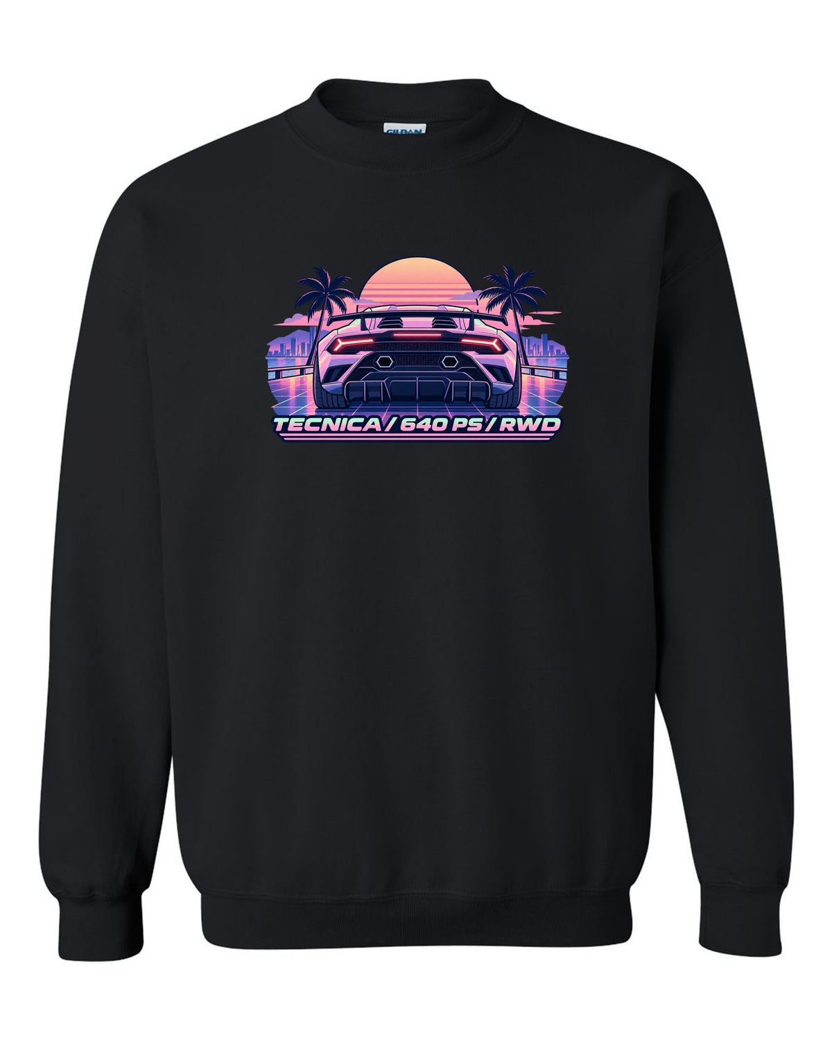 Vaporwave pastel taillight grid of a Lamborghini Huracan Tecnica LP640-2 with text TECNICA / 640 PS / RWD black crewneck front view with the design