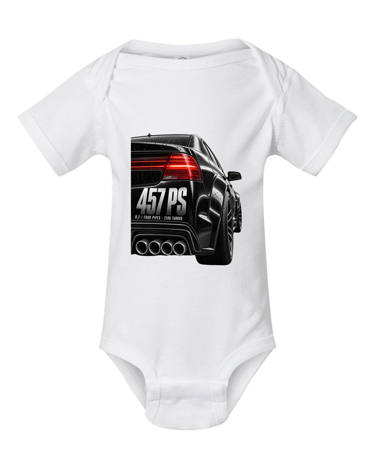 print taillight close-up of a Mercedes W204 C63 sedan with text 457 PS, 6.2, four pipes, zero turbos white baby onesie front view with the design