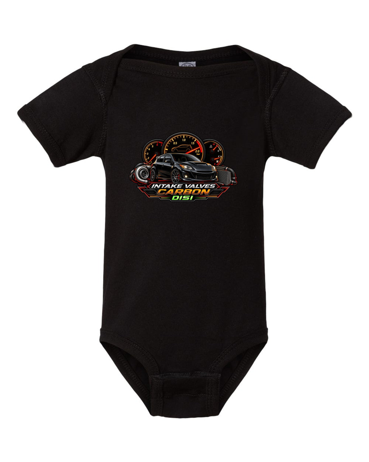 Gauge-cluster HUD design for the Mazdaspeed3 with INTAKE VALVES / CARBON / DISI lettering black baby onesie front view with the design