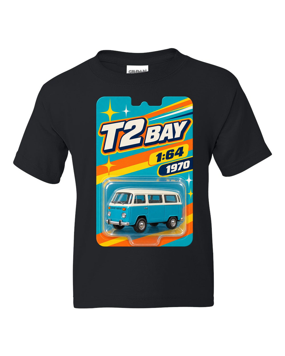 Toy-card blister pack style print of a 1970 VW Bus T2 bay window at 1:64 black kids tee front view with the design