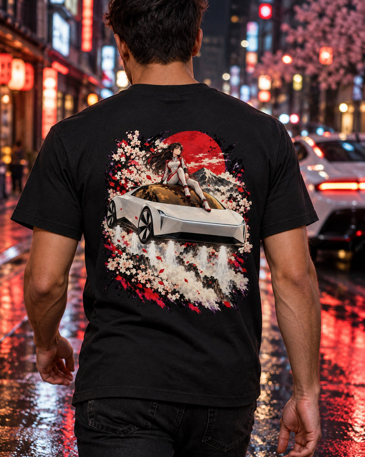 Tesla Roadster Rooftop Anime Girl Shirt, Hoodie & More T-Shirt Black worn hero
