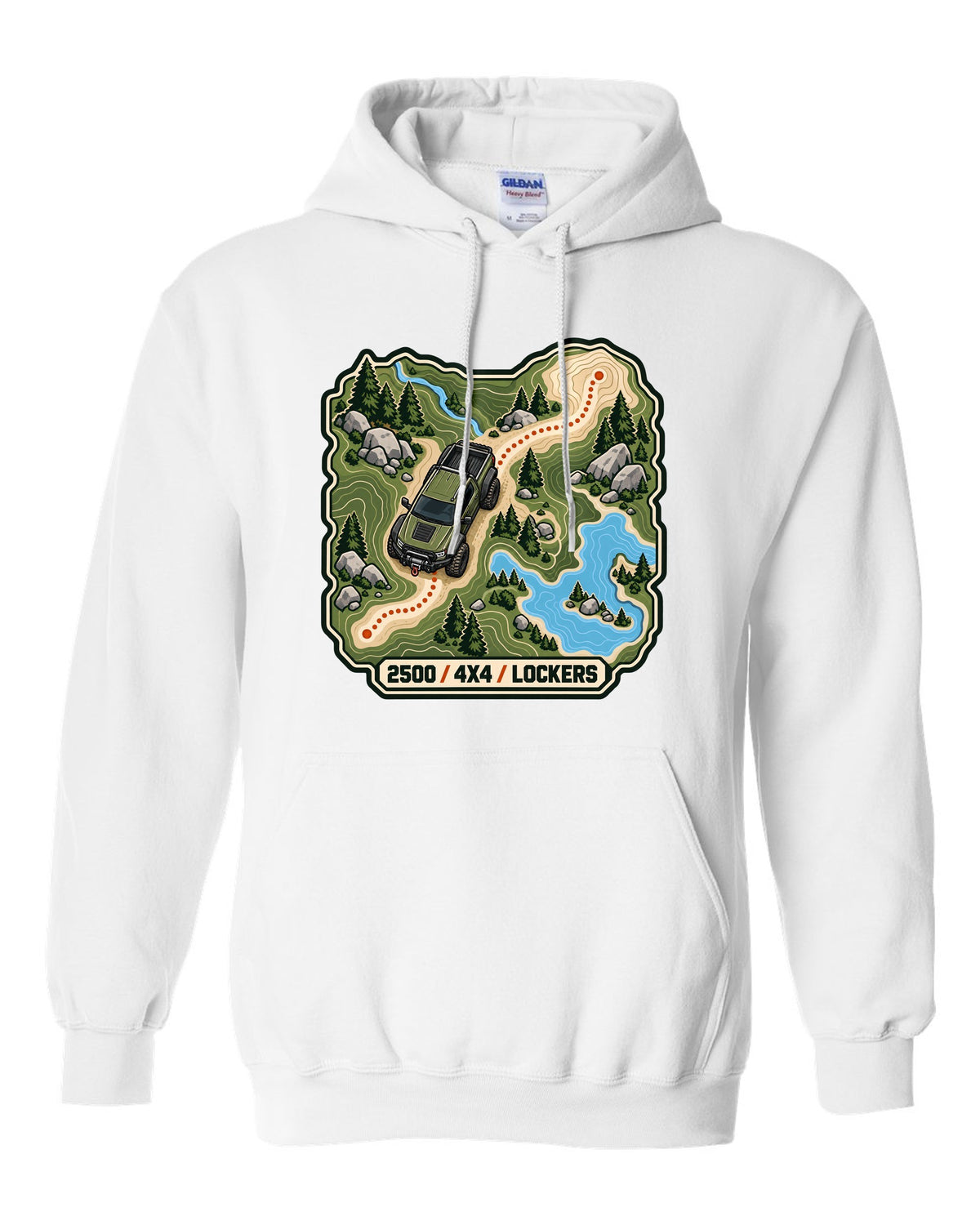 Topographic route map line art print of a Ram Power Wagon 2500 with 4x4 lockers text white pull over hoodie front view with the design