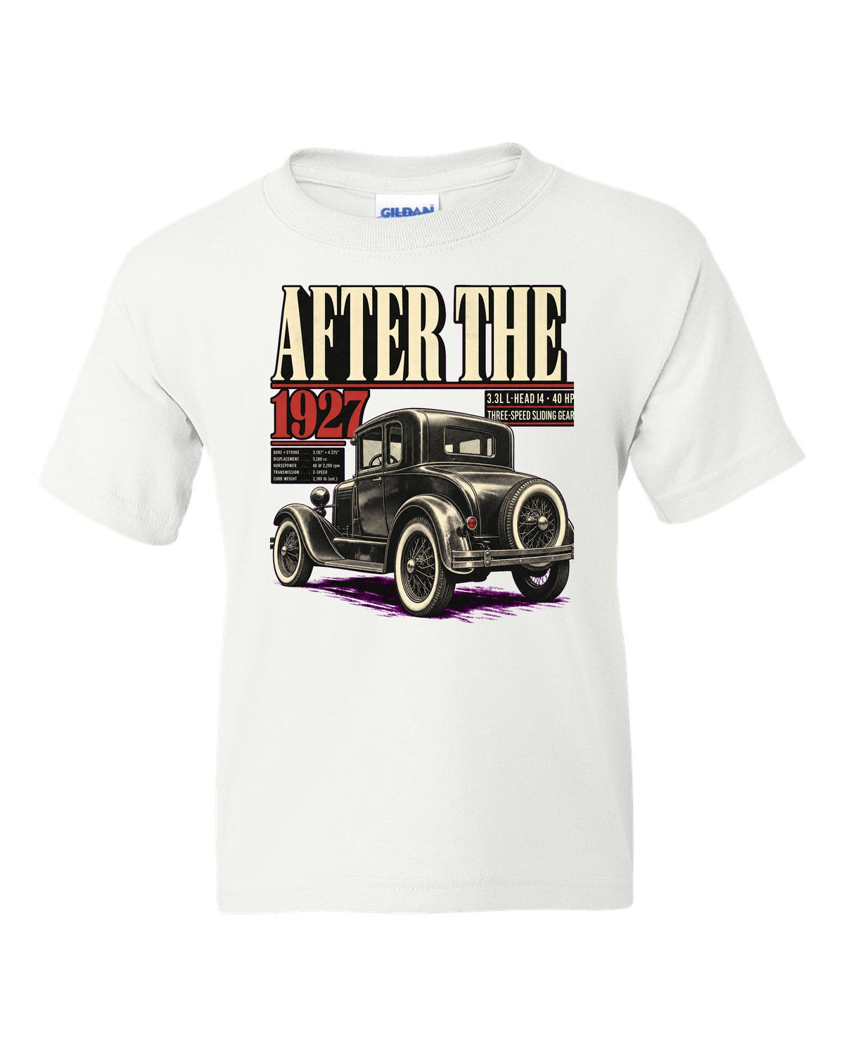 Editorial headline print of a Ford Model A coupe with spec lines white kids tee front view with the design