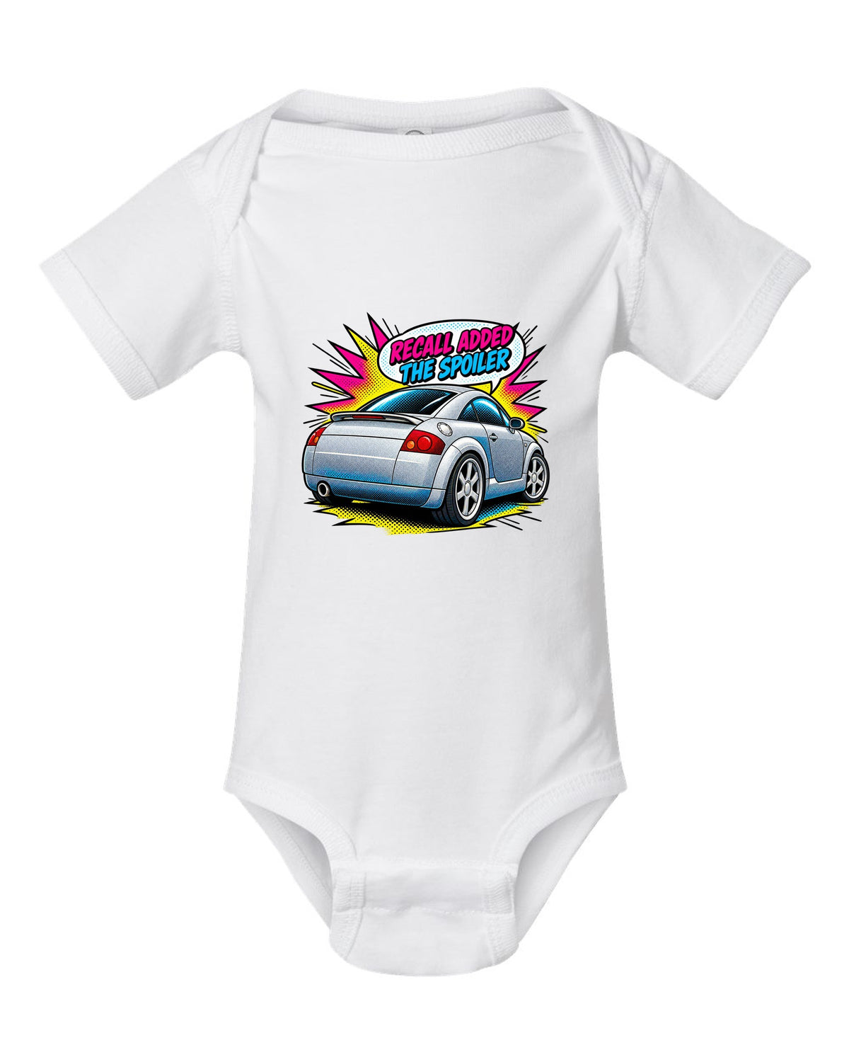 Comic halftone pop art print of an Audi TT Coupe 8N with spoiler recall caption white baby onesie front view with the design