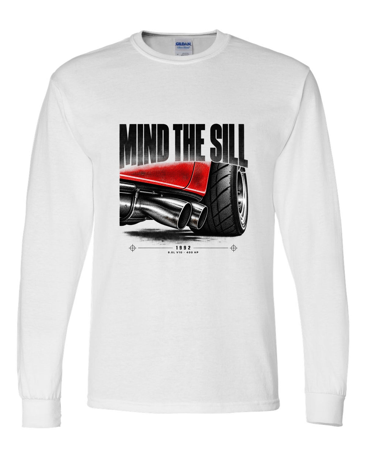 1992 Dodge Viper RT/10 SR I taillight macro print with Mind the Sill lettering white long sleeve front view with the design