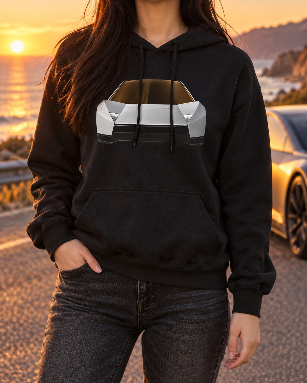 Tesla Roadster Light Bar Shirt, Hoodie & More Pull Over Hoodie Black worn hero