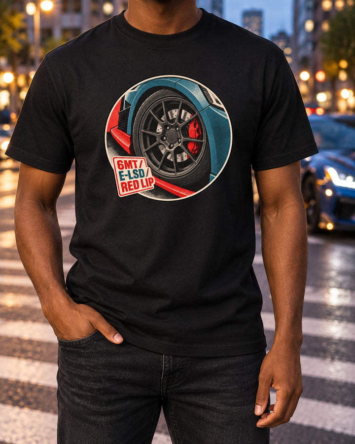 Veloster N JS Red Lip Wheel Study Riso Tee, 6MT E-LSD T-Shirt Black worn hero