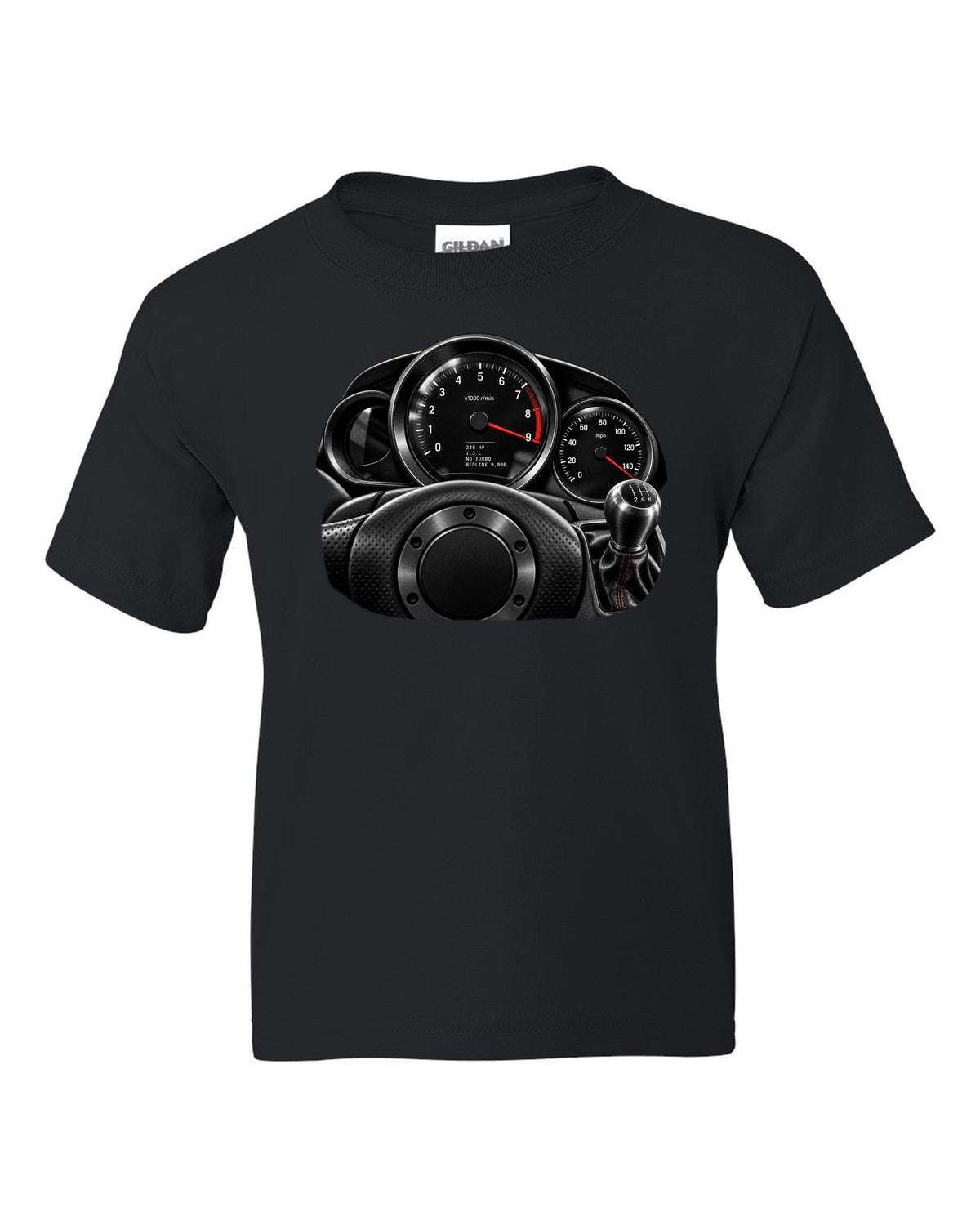 Gauge cluster print of a Mazda RX-8 SE3P with 9,000 redline lettering black kids tee front view with the design