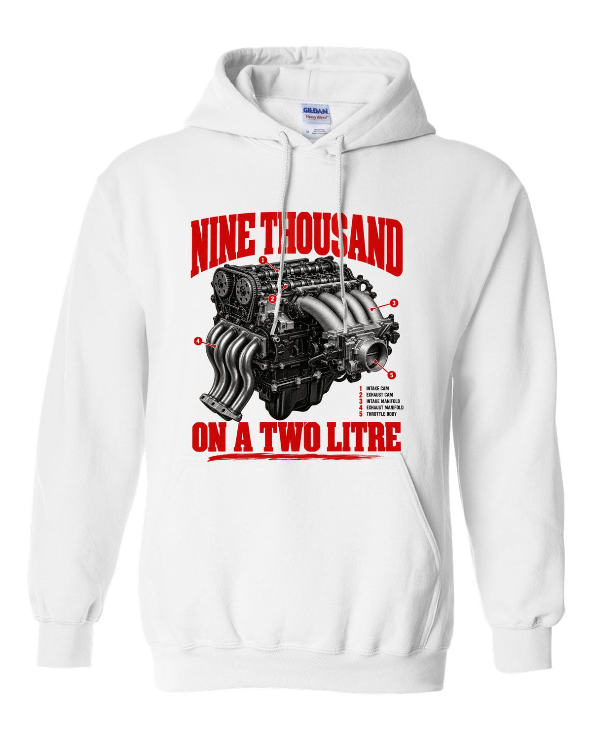 Honda S2000 AP1 roadster engine hero design with nine thousand on a two litre text white pull over hoodie front view with the design