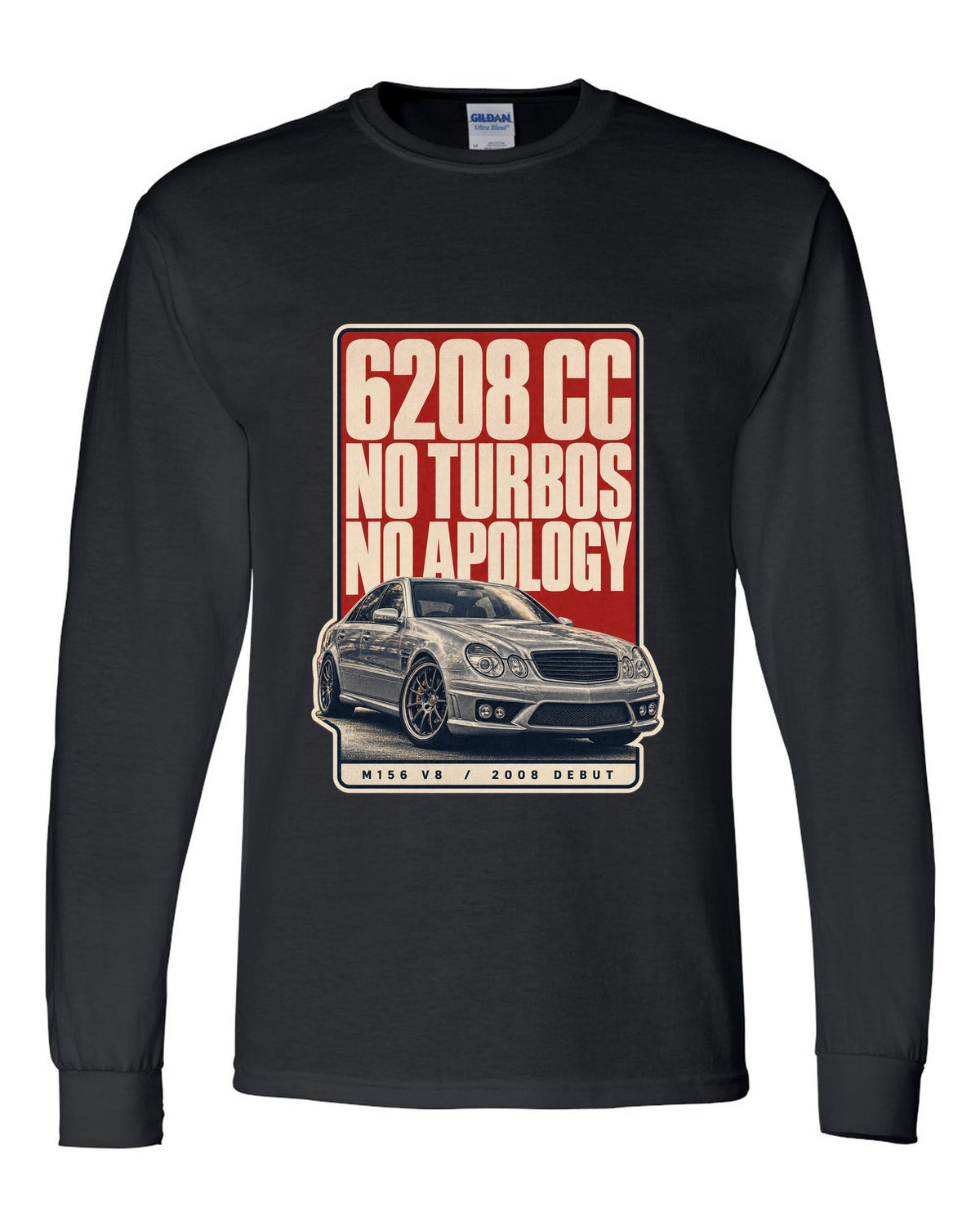 Mercedes-AMG C63 W204 sedan with editorial headline in silver-grey black long sleeve front view with the design