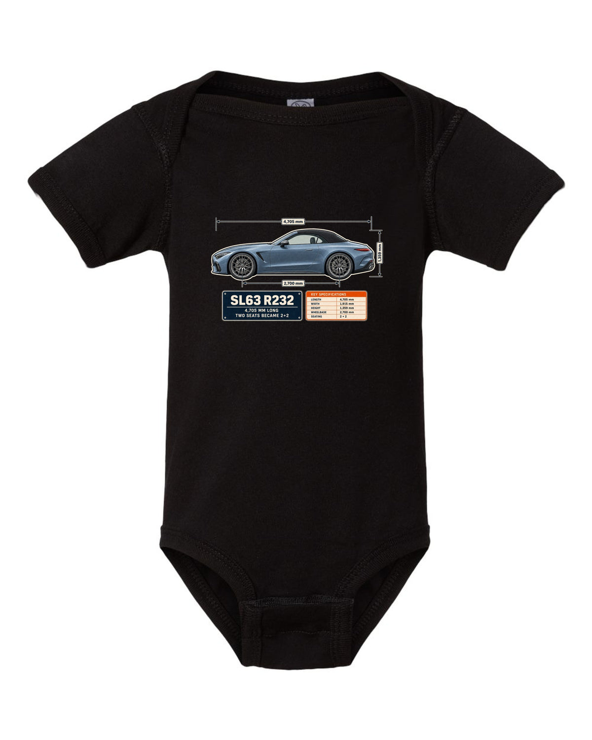 Mercedes-AMG SL63 R232 Dimension Blueprint black baby onesie front view with the design