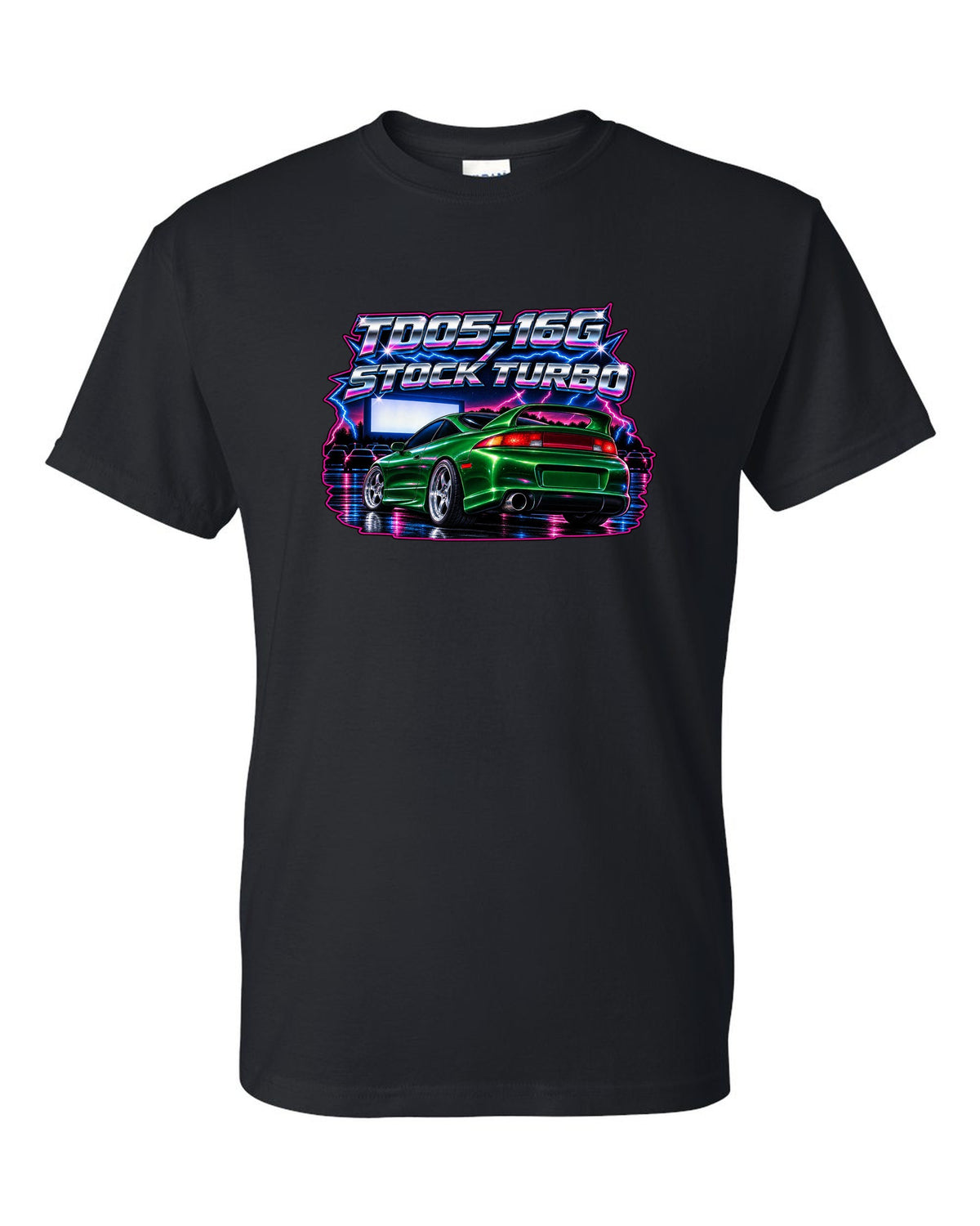 80s airbrush chrome print of a Mitsubishi Eclipse GSX 2G with TD05-16G stock turbo text black t-shirt front view with the design
