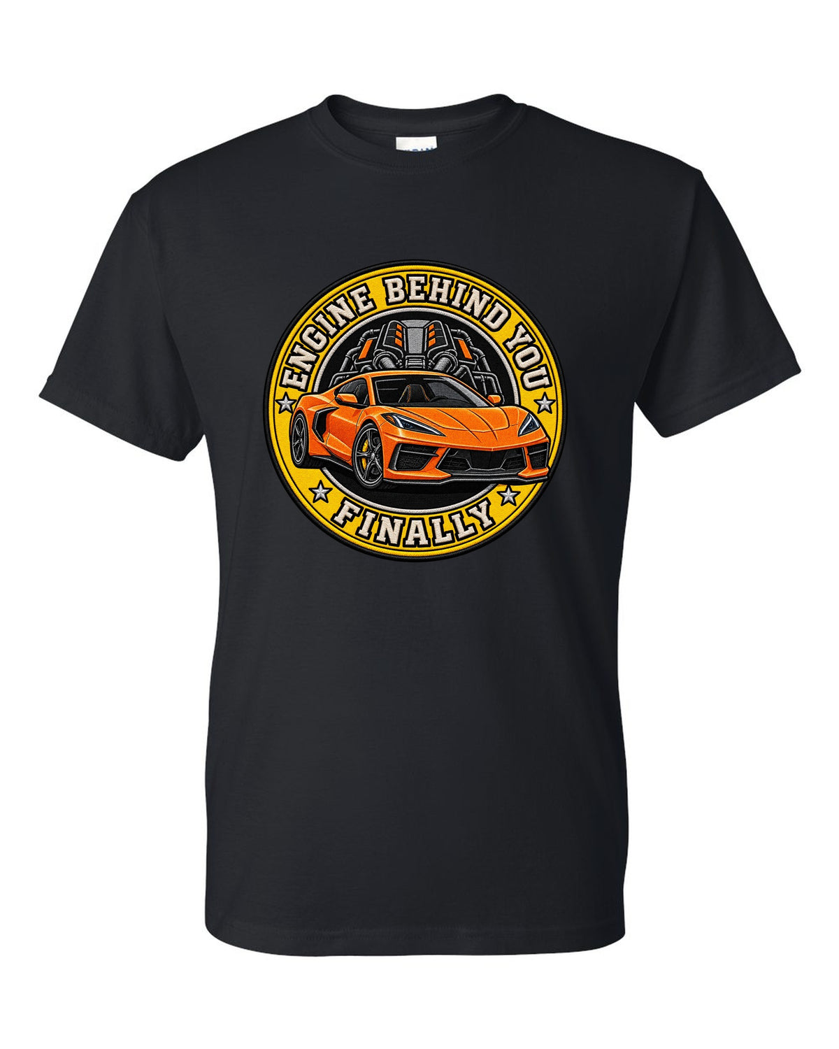 Varsity shield crest print of a 2020 Chevrolet Corvette C8 Stingray with engine behind you finally lettering black t-shirt front view with the design