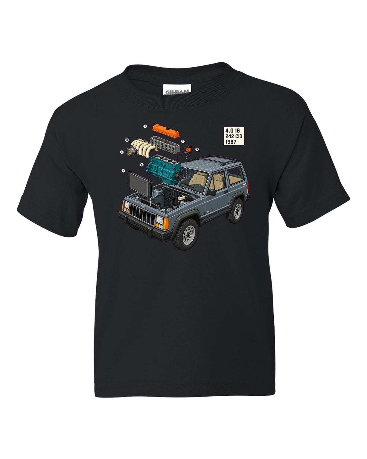 Isometric exploded diagram of a Jeep Cherokee XJ 4.0 inline six engine bay black kids tee front view with the design