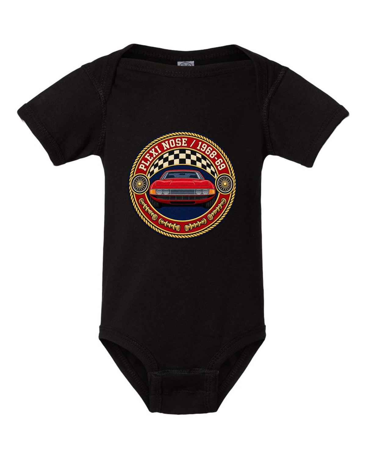 Round crest print for the Ferrari 365 GTB/4 Daytona with Plexi Nose and 1968-69 lettering black baby onesie front view with the design