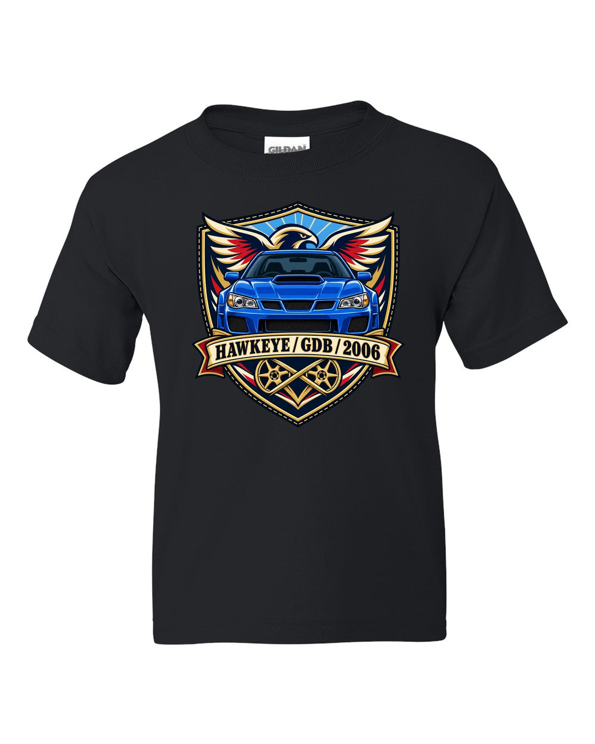 Subaru Impreza WRX STI GDB Hawkeye varsity crest print reading HAWKEYE / GDB / 2006 black kids tee front view with the design