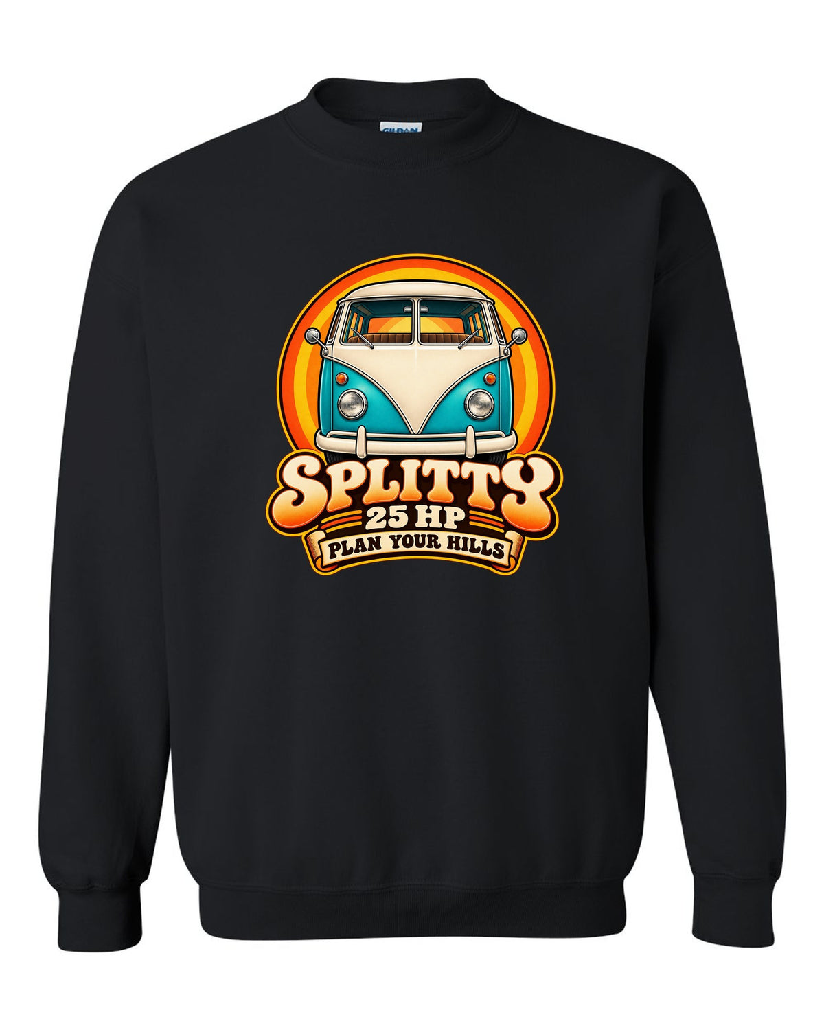 80s airbrush chrome style VW Bus T1 Type 2 Splitty with 25 HP plan your hills text black crewneck front view with the design