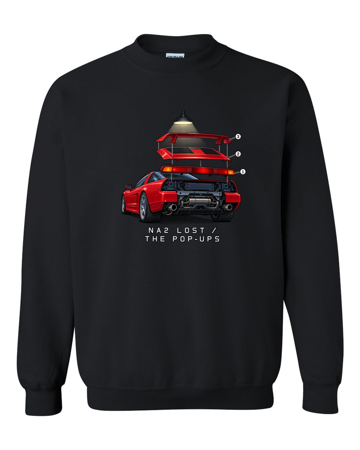 Isometric exploded taillight diagram of a 2002 Honda NSX NA2 with NA2 Lost The Pop-Ups lettering black crewneck front view with the design