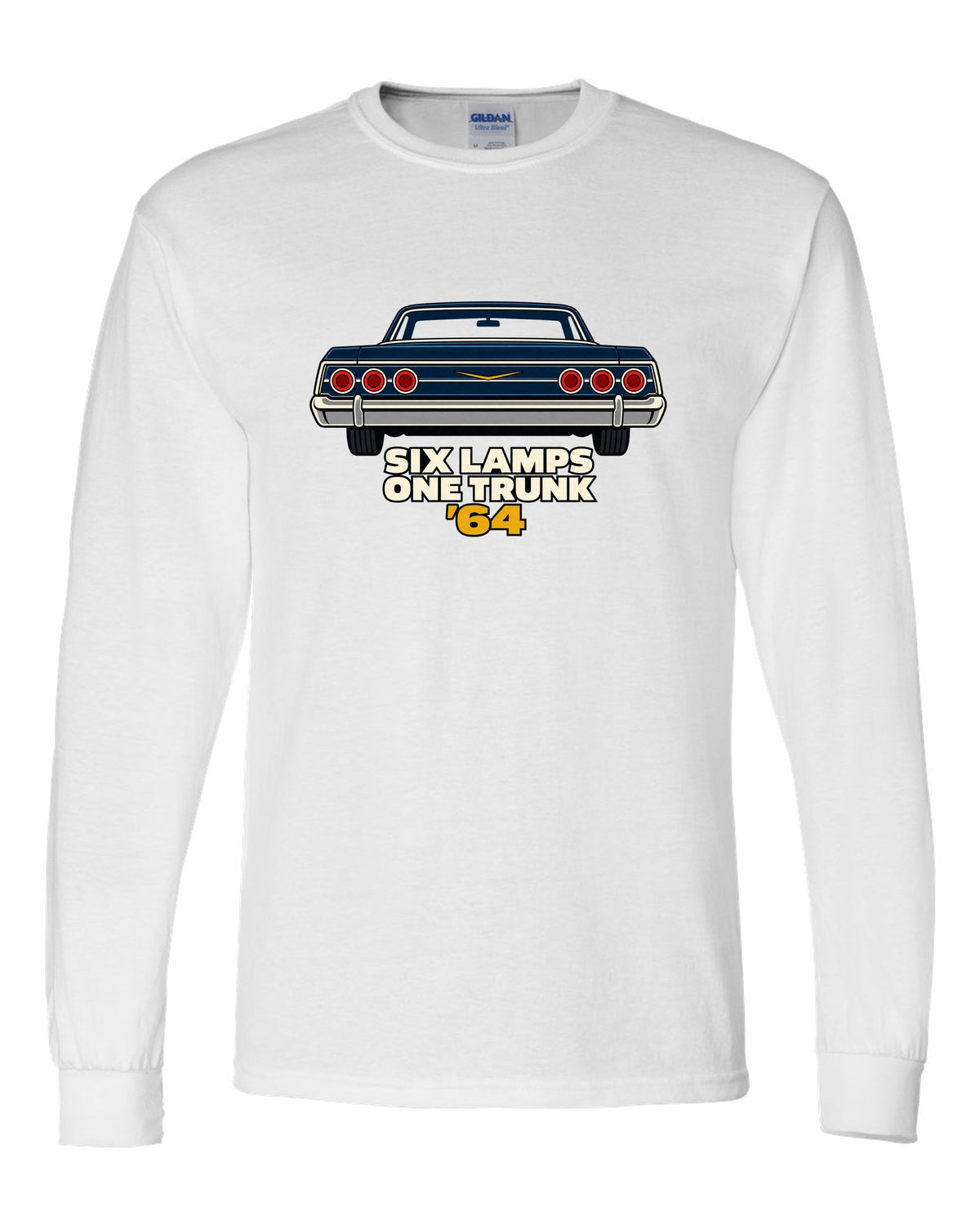 1964 Chevrolet Impala rear in minimal geometric vector style with text Six Lamps One Trunk '64 white long sleeve front view with the design