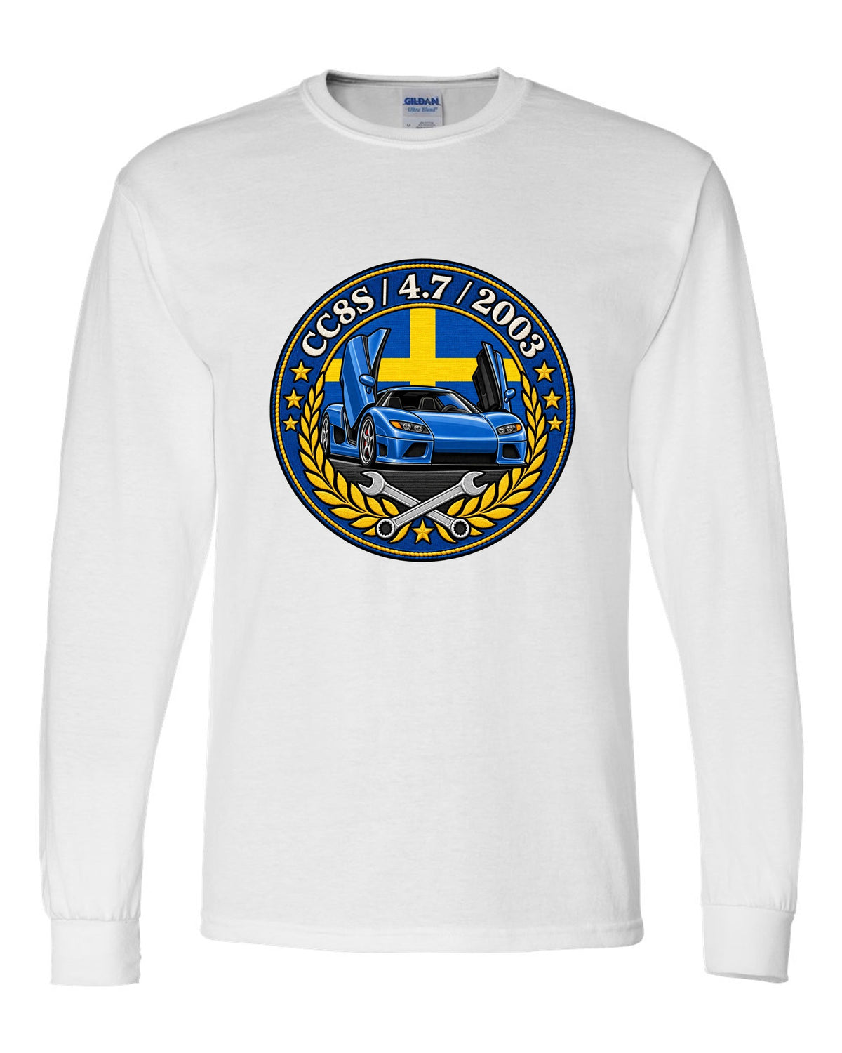 Varsity-style garage crest design for the Koenigsegg CC8S with CC8S 4.7 2003 lettering white long sleeve front view with the design
