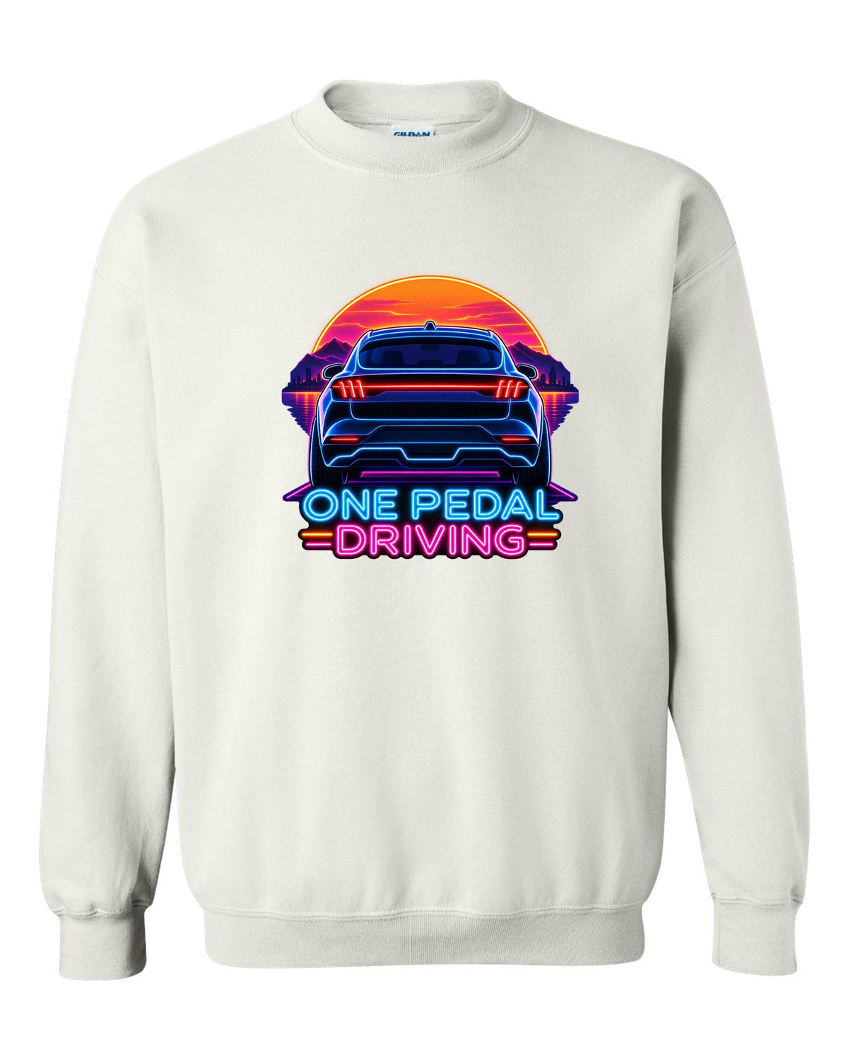 Neon sign print of the 2020 Mustang Mach-E CX727 tail bar reading One Pedal Driving white crewneck front view with the design