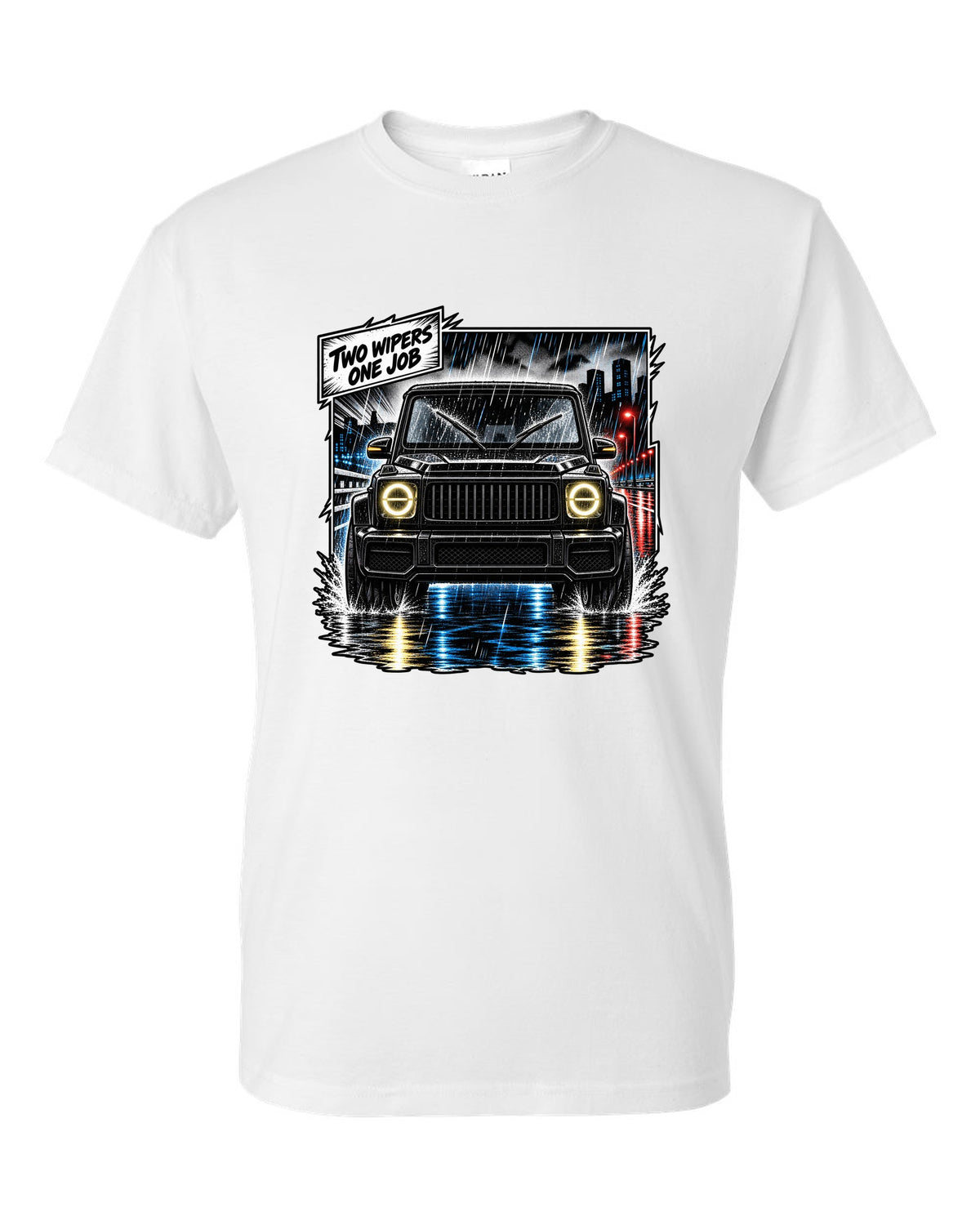 Round enamel-pin style crest graphic reading W463 3 Lockers 4x4 for the Mercedes G-Class, print white t-shirt front view with the design