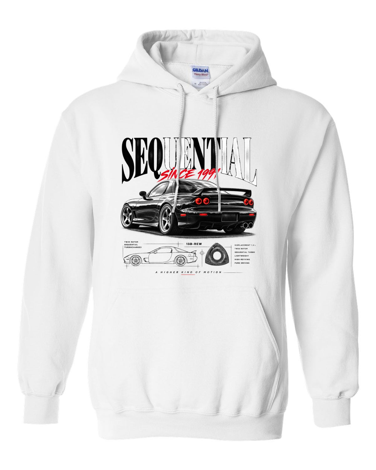 Editorial print of a Mazda RX-7 FD3S rear three-quarter with sequential headline white pull over hoodie front view with the design