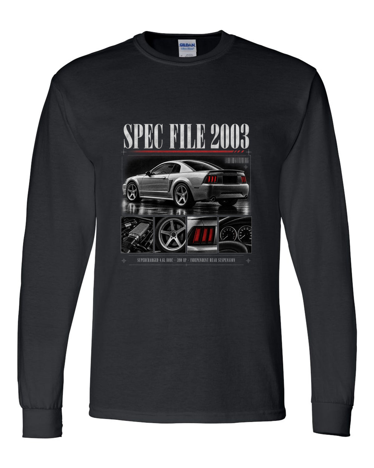 Dossier panel profile of a 2003 Ford Mustang SVT Cobra New Edge with spec file lettering black long sleeve front view with the design