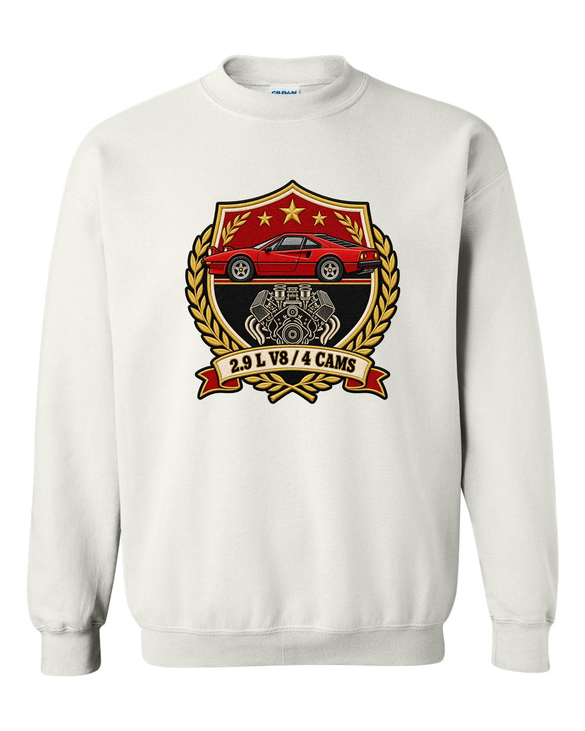 Varsity crest print for the Ferrari 308 GTB with the text 2.9 L V8, 4 cams white crewneck front view with the design