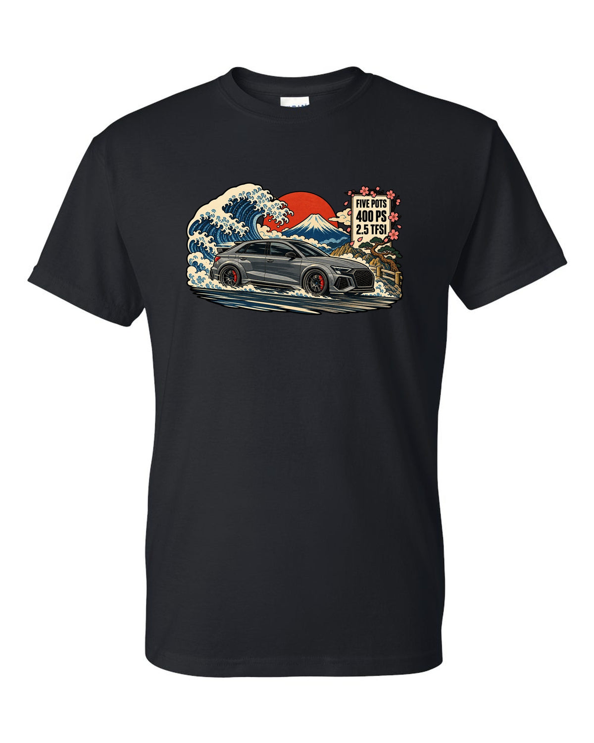 Ukiyo-e woodblock style print of an Audi RS3 8Y with a mountain and 2.5 TFSI text black t-shirt front view with the design