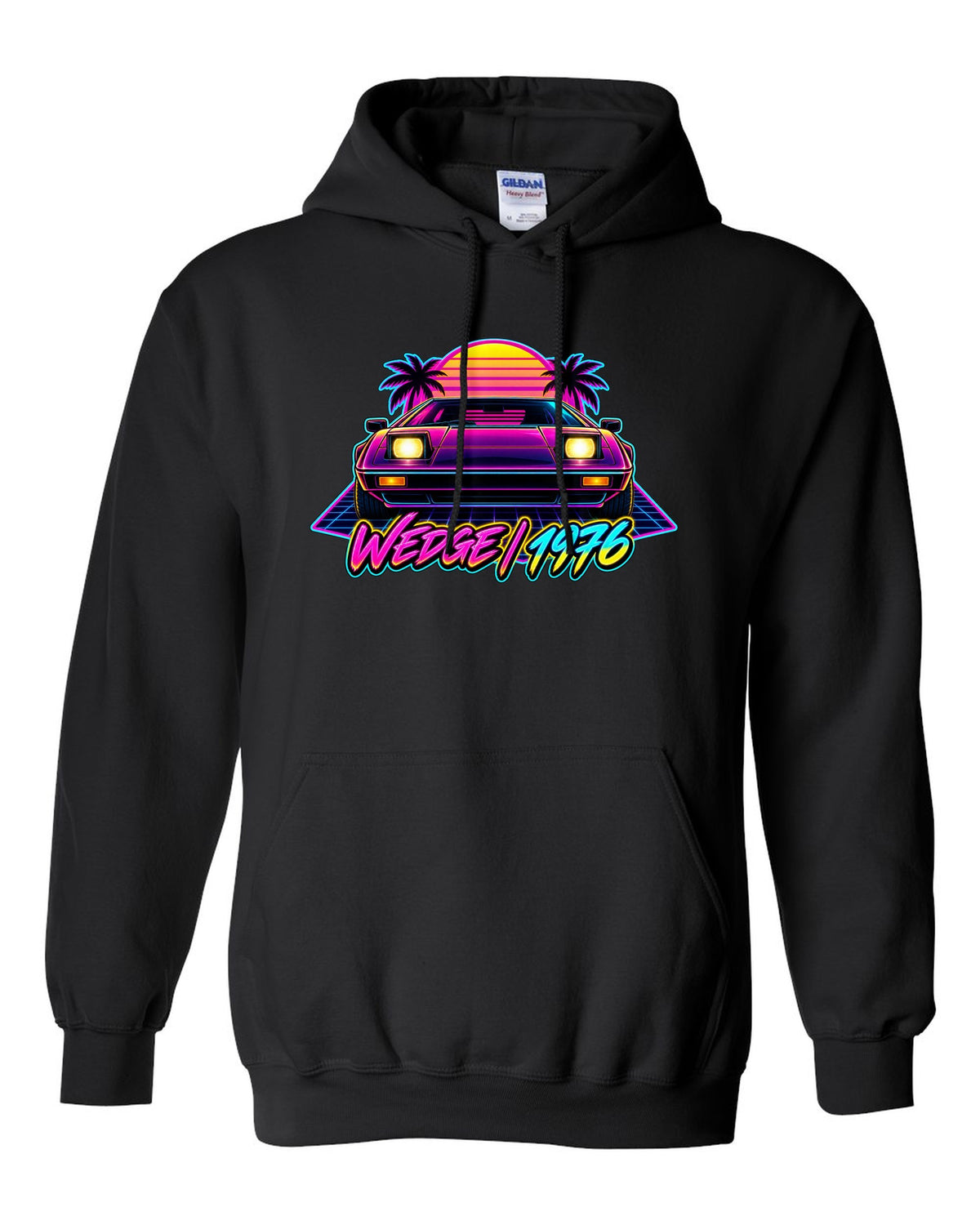 Lotus Esprit 1976 wedge in synthwave neon with WEDGE 1976 lettering black pull over hoodie front view with the design