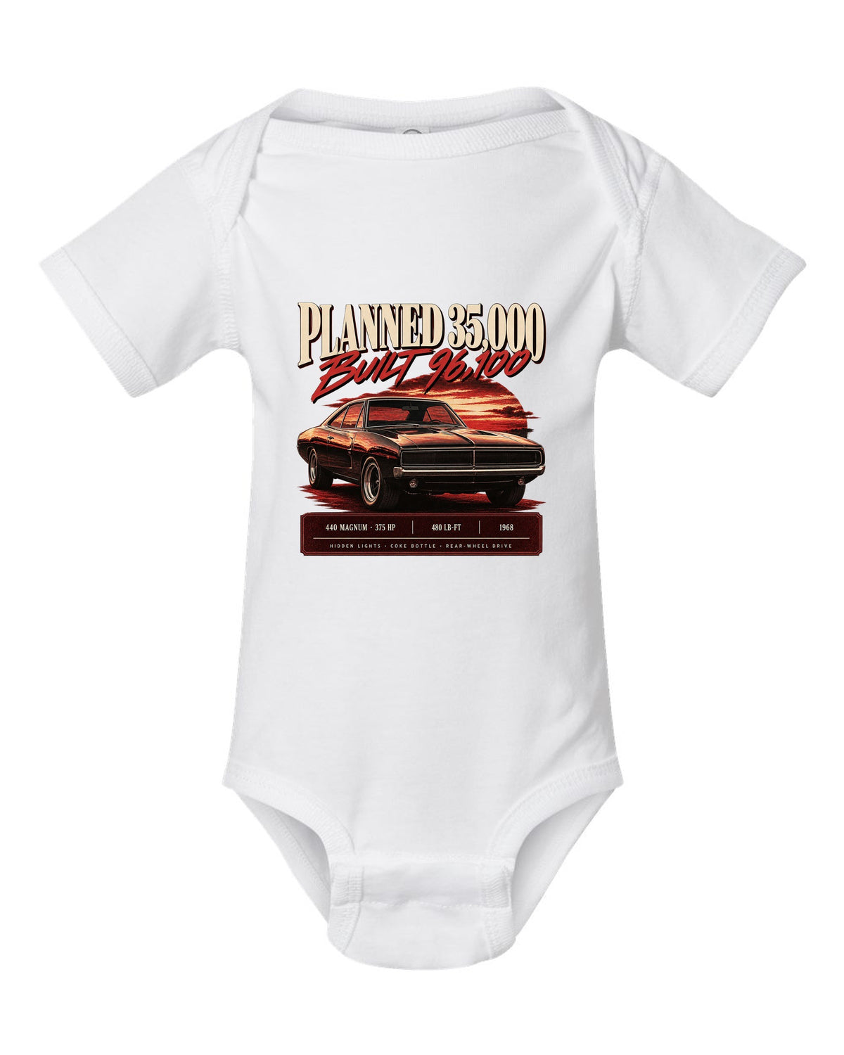 Archive panel print of a 1968 Dodge Charger R/T with 440 Magnum, 375 HP and production figures white baby onesie front view with the design