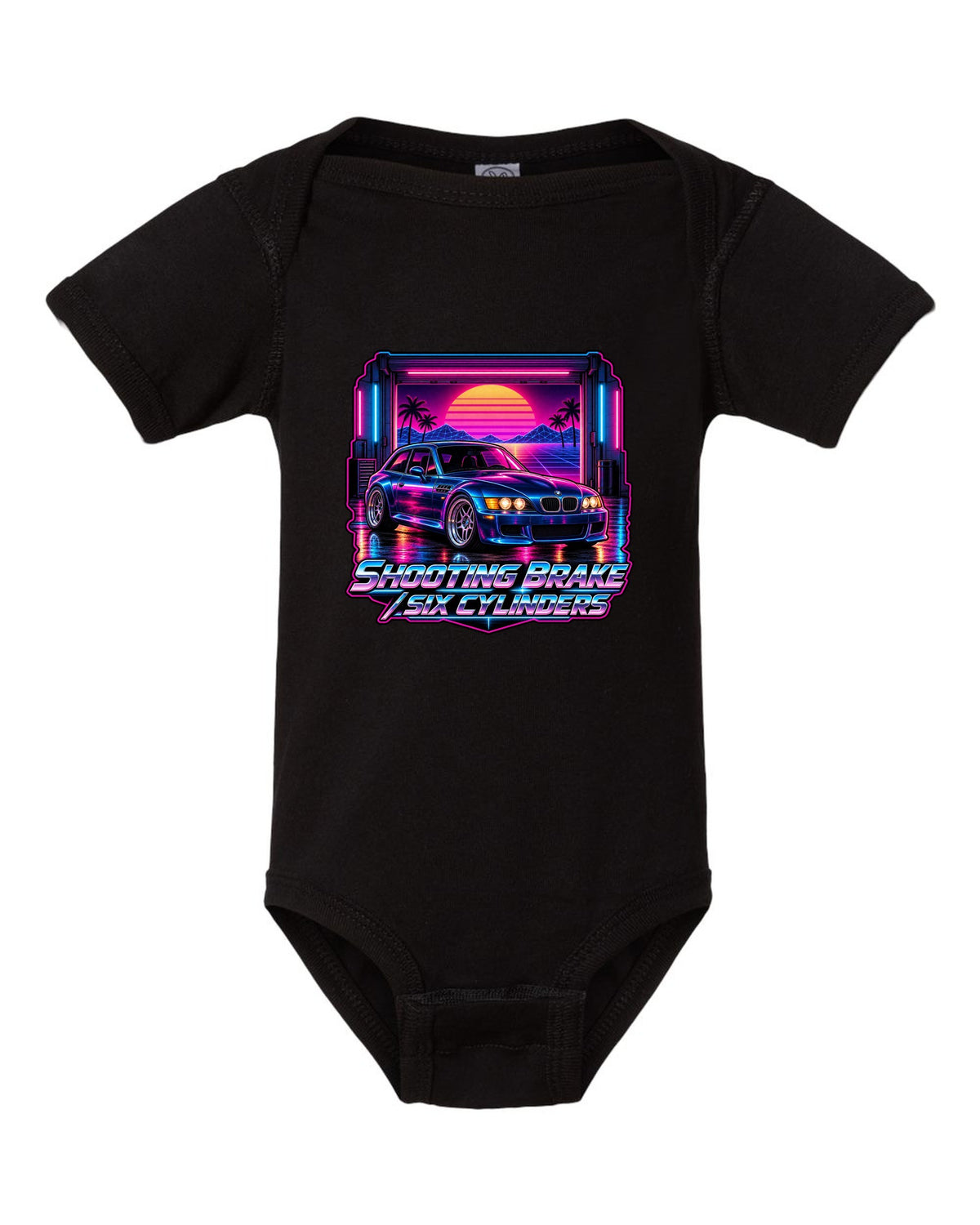 BMW Z3 M Coupe synthwave outrun print with shooting brake text black baby onesie front view with the design