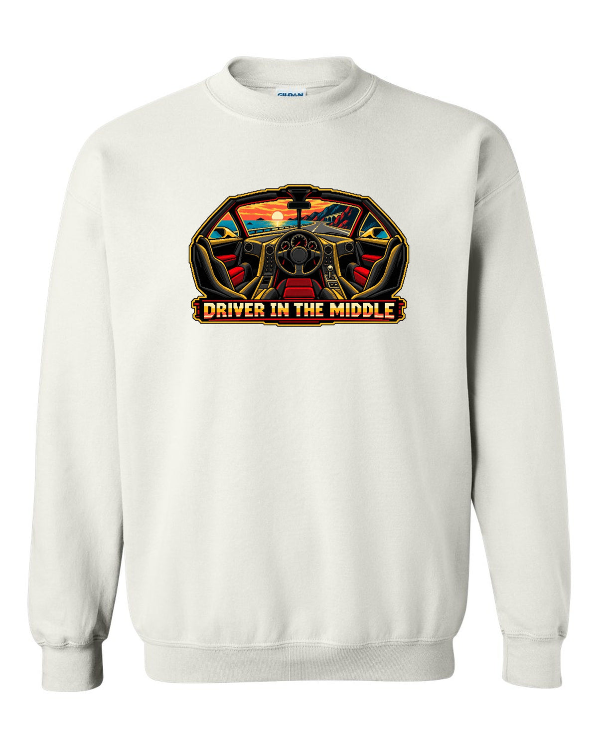 8/16-bit pixel art print of the McLaren F1 with Driver in the Middle lettering white crewneck front view with the design