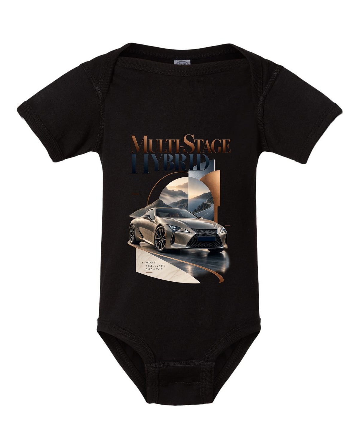 Editorial headline layout for the Lexus LC 500h hybrid black baby onesie front view with the design