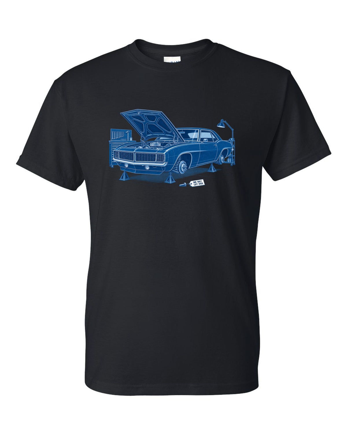 1969 Camaro first-generation in cyanotype negative blueprint style with the text One Bolt Left Over black t-shirt front view with the design