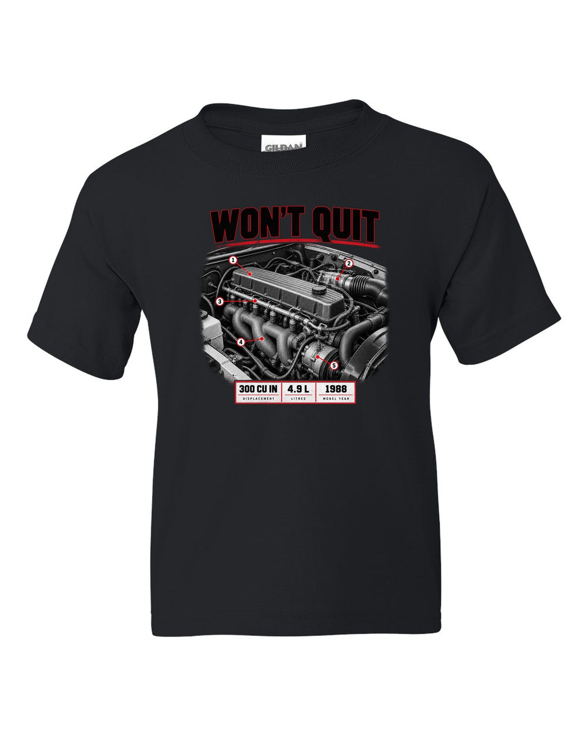 Engine print of a 1987-91 Ford F-150 Brick-Nose 4.9 inline six with 300 cu in text black kids tee front view with the design