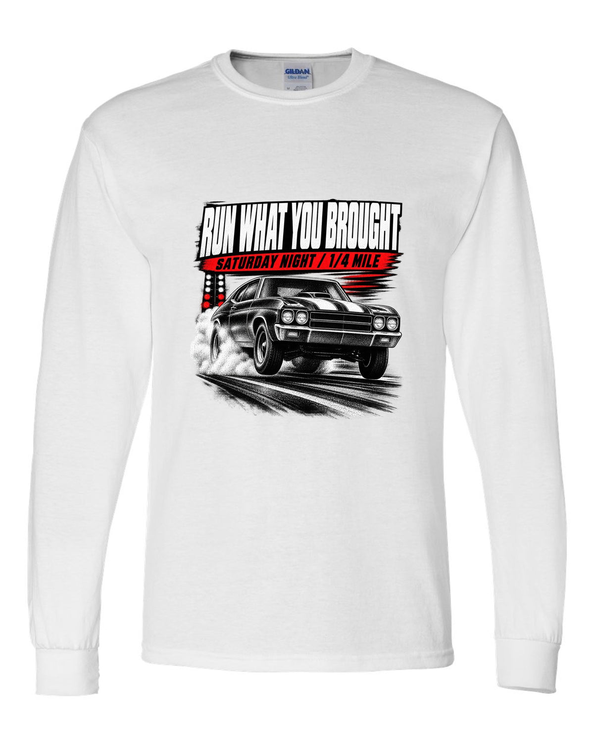 Race-poster print of a 1970 Chevrolet Chevelle SS with run w you brought and quarter mile text white long sleeve front view with the design