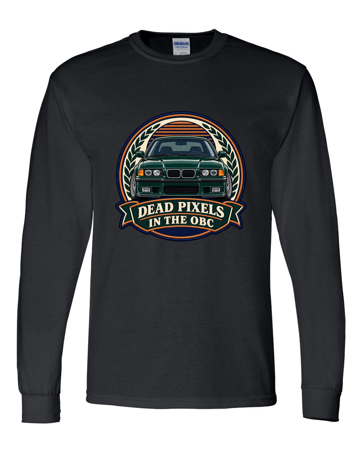 Varsity crest style print of a BMW E36 M3 coupe with dead pixels in the OBC text black long sleeve front view with the design