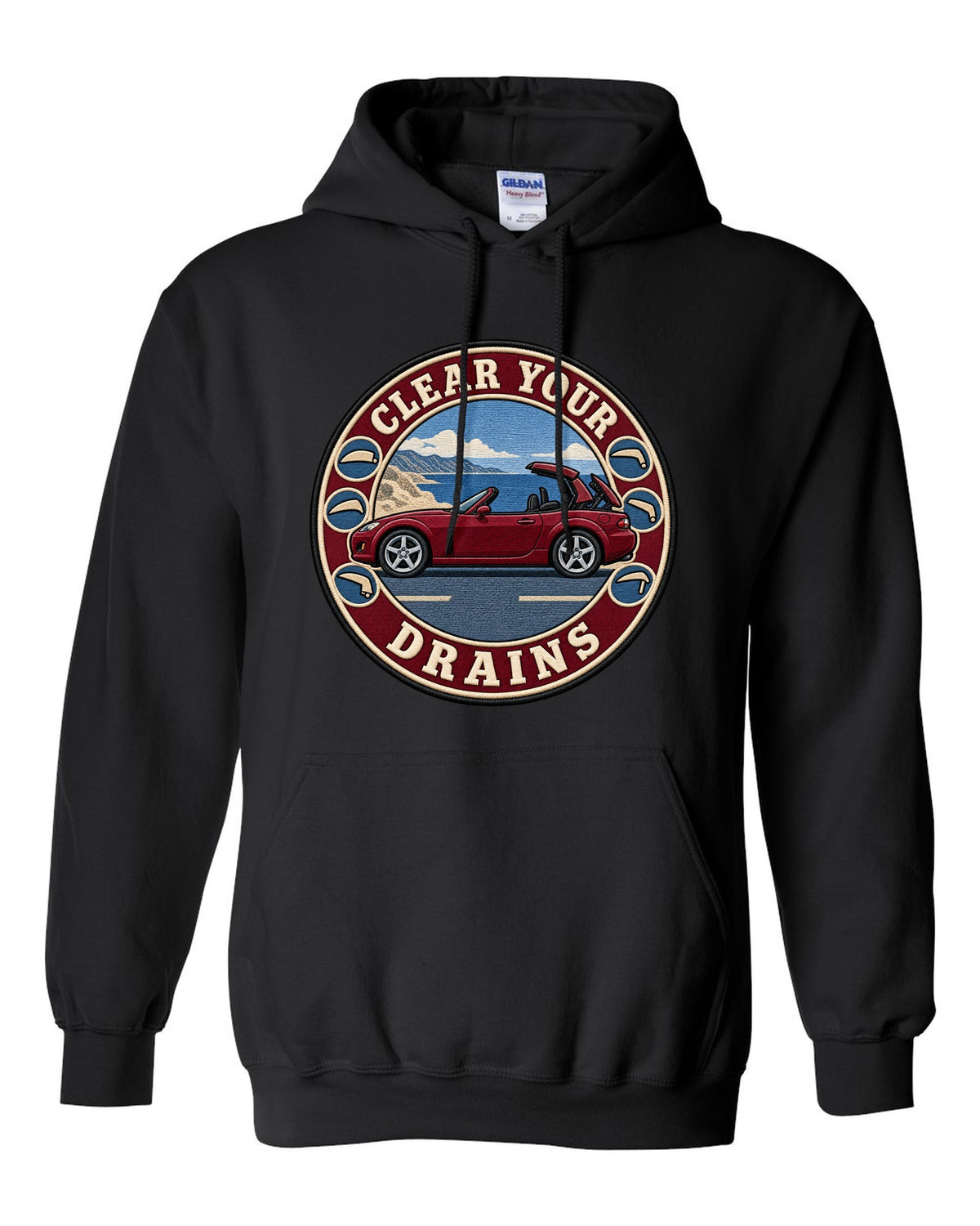 Embroidery-style roundel crest of a Mazda MX-5 NC with clear your drains text black pull over hoodie front view with the design