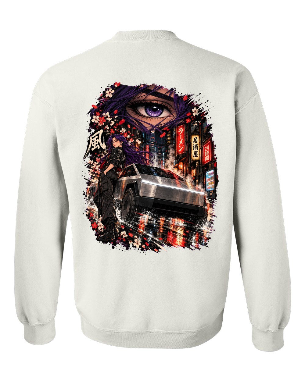 Tesla Cybertruck Anime Girl Crewneck White back