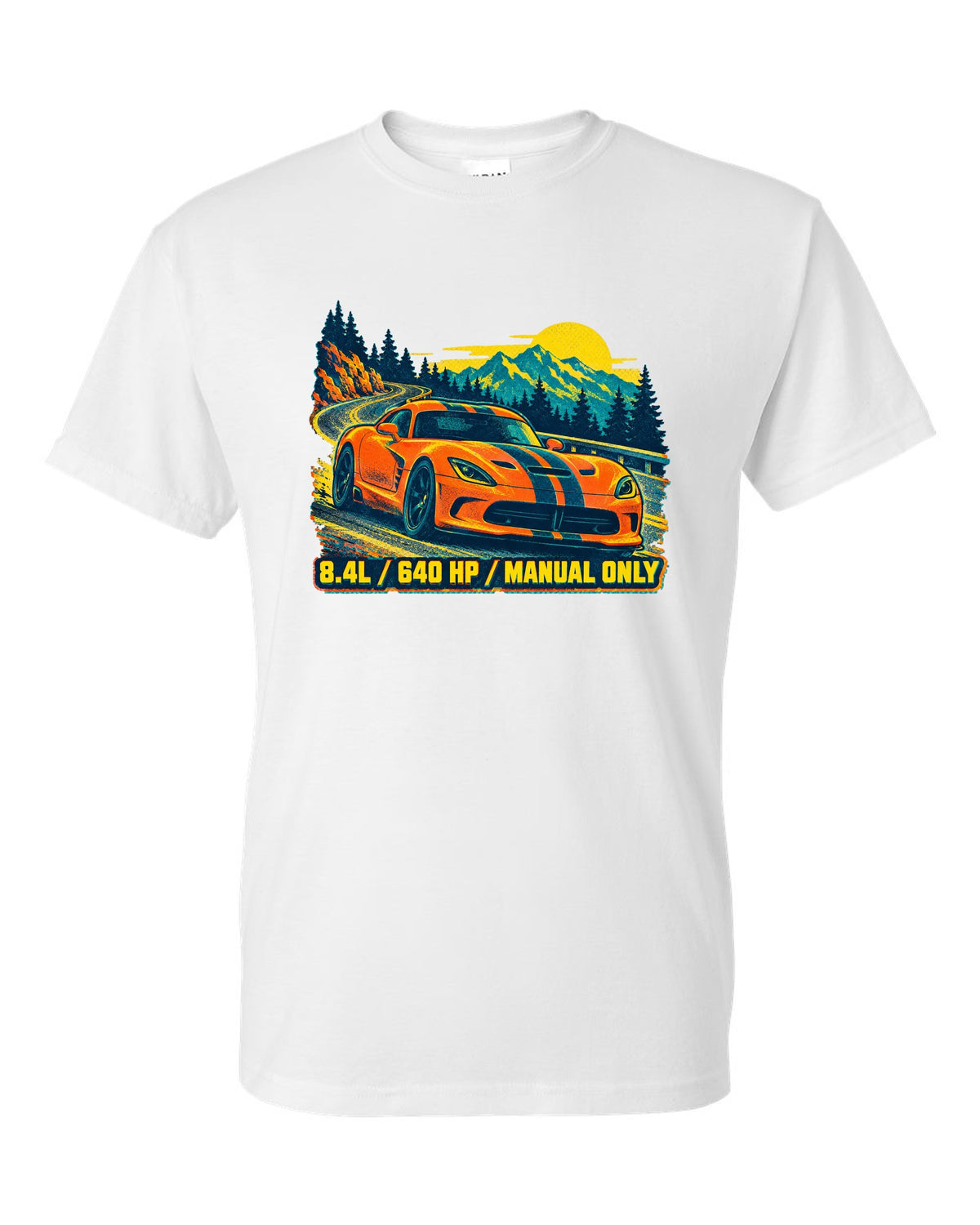 Risograph spot-colour print of a 2013 Dodge Viper VX I with 8.4L text white t-shirt front view with the design