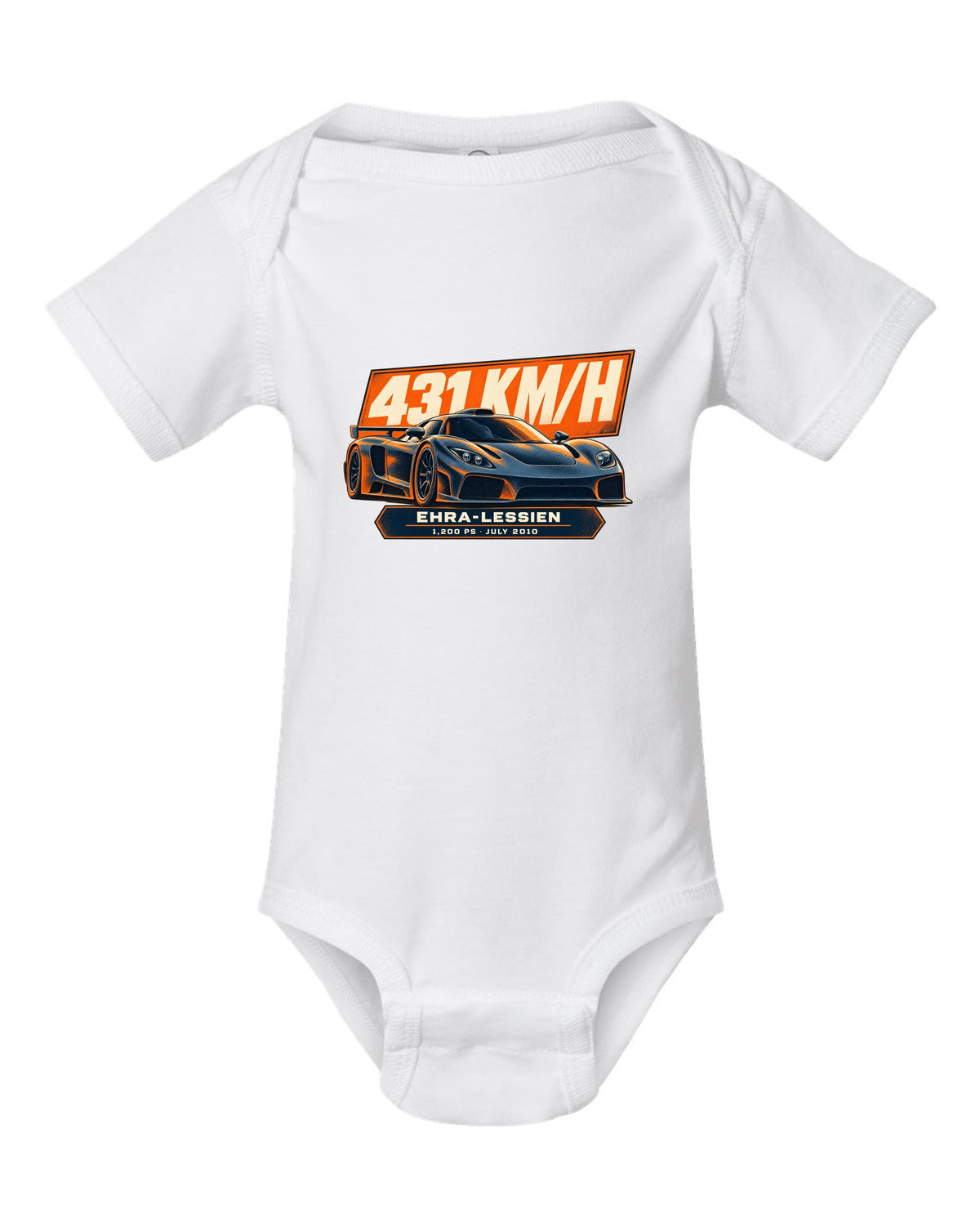 Halftone poster-style Bugatti Veyron 16.4 Super Sport with record-run text on the front of a tee white baby onesie front view with the design