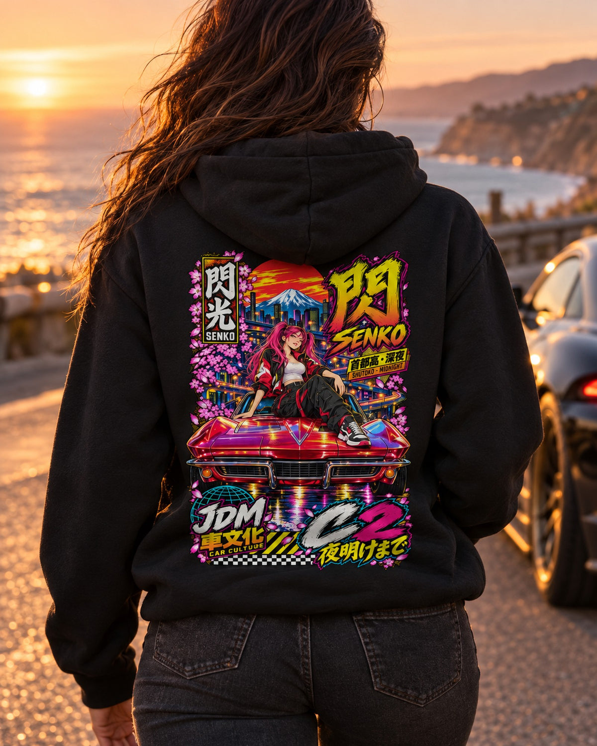 SENKO C2 Anime Girl Full-Back Graphic Tee Pull Over Hoodie Black worn hero