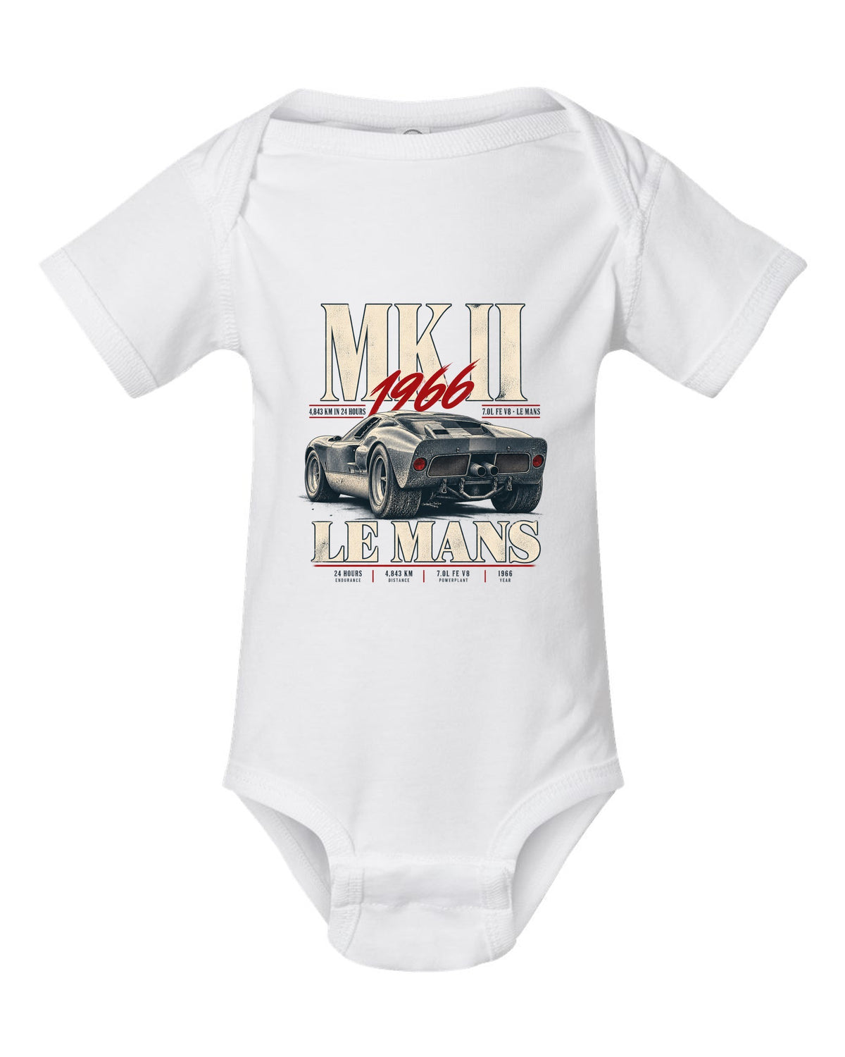Editorial print of a 1966 Ford GT40 Mk II rear three-quarter view with Le Mans distance white baby onesie front view with the design