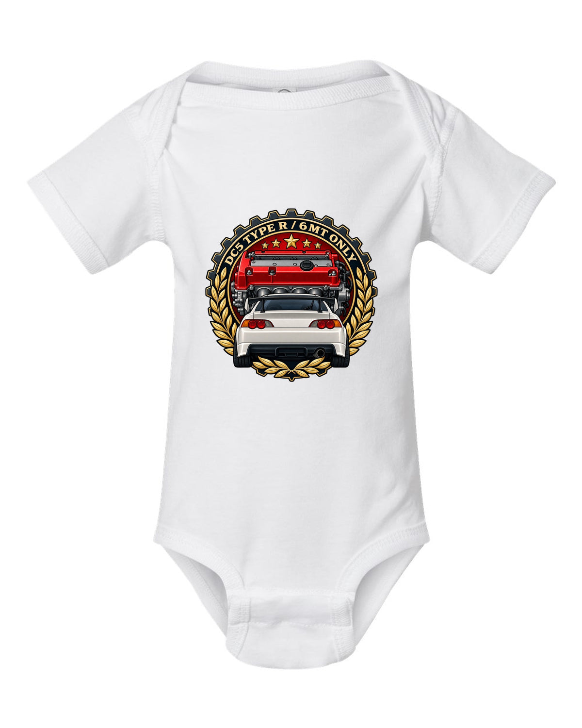 Cel-shaded anime night touge scene with a Honda Integra Type R DC5 white baby onesie front view with the design