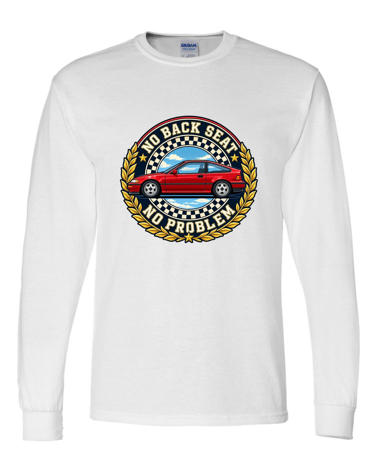 Crest layout print for the Honda CRX EF8 with no back seat text white long sleeve front view with the design