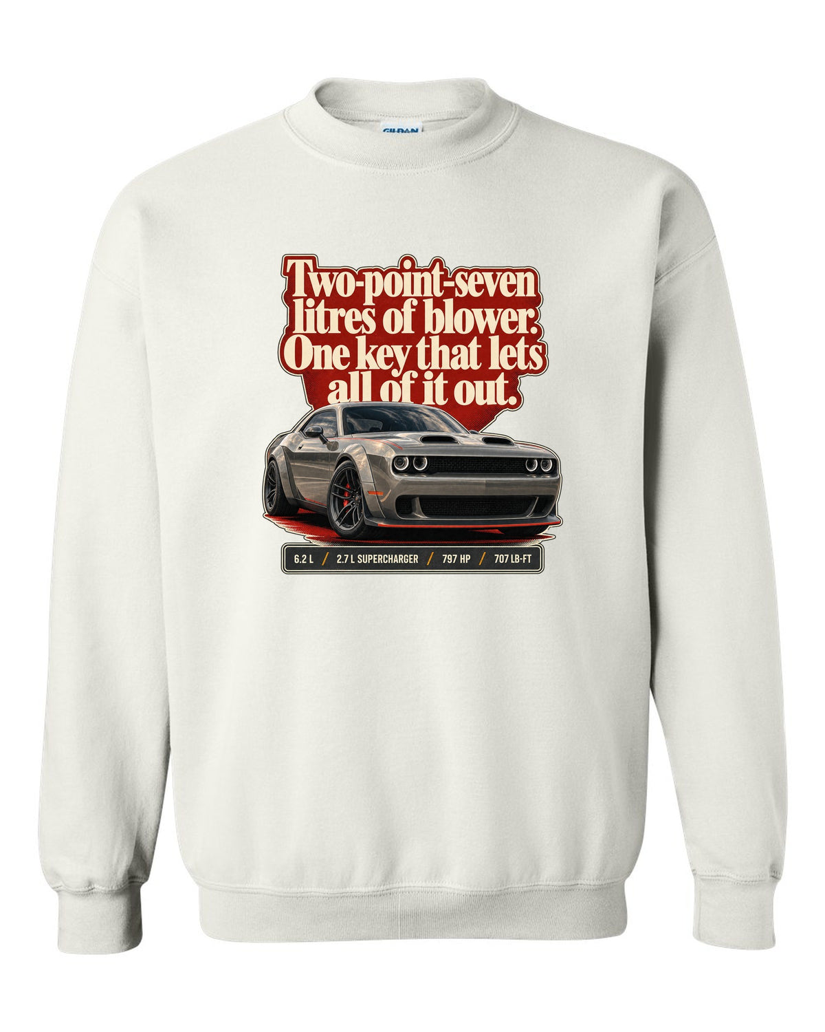Dodge Challenger SRT Hellcat Redeye Widebody editorial headline print white crewneck front view with the design