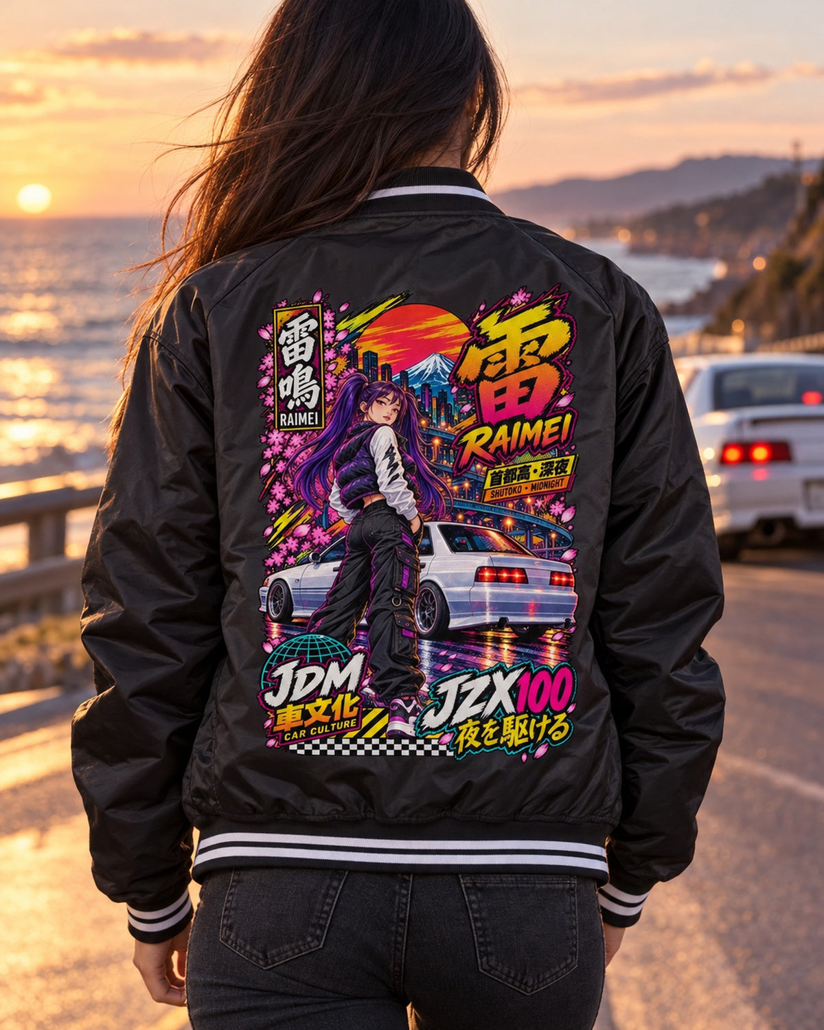 RAIMEI JZX100 Anime Girl Full-Back Graphic Tee Bomber Jacket Black worn hero